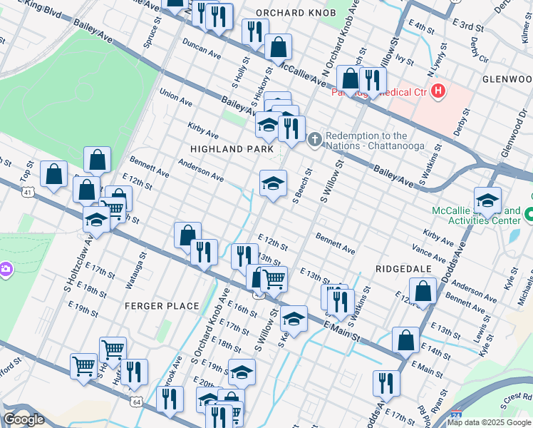 map of restaurants, bars, coffee shops, grocery stores, and more near in Chattanooga