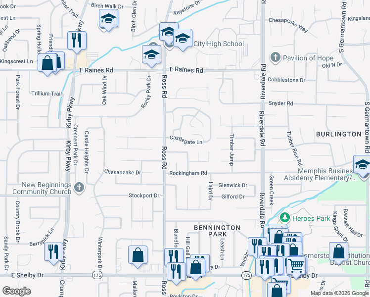 map of restaurants, bars, coffee shops, grocery stores, and more near 6758 Valley Bend Drive in Memphis