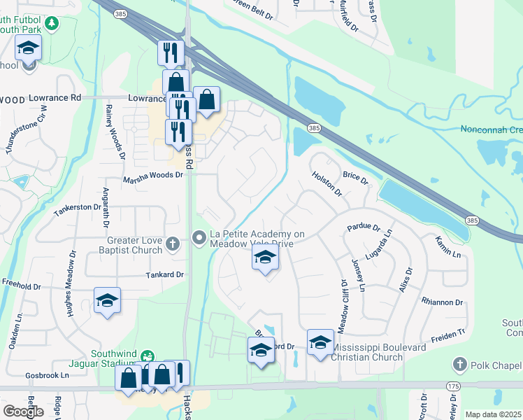 map of restaurants, bars, coffee shops, grocery stores, and more near 4369 Cross Creek Cove in Memphis
