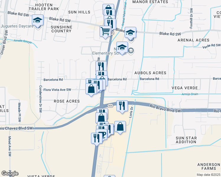 map of restaurants, bars, coffee shops, grocery stores, and more near 3116 Sylvia Road Southwest in Albuquerque
