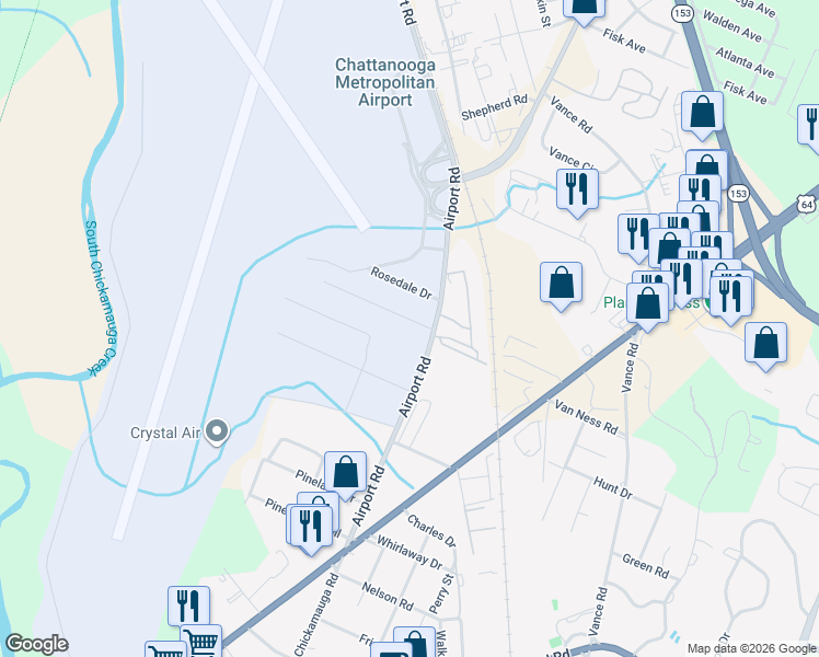 map of restaurants, bars, coffee shops, grocery stores, and more near 837 Airport Road in Chattanooga