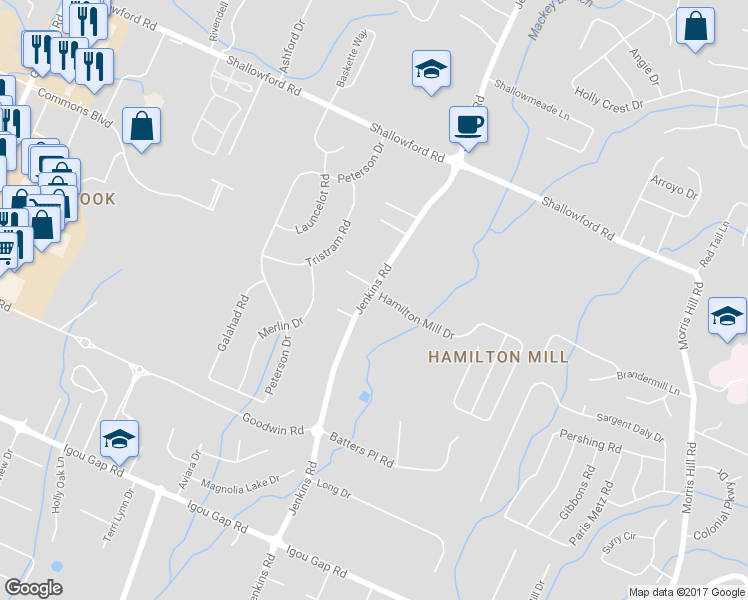 map of restaurants, bars, coffee shops, grocery stores, and more near 7900 Hamilton Mill Drive in Chattanooga