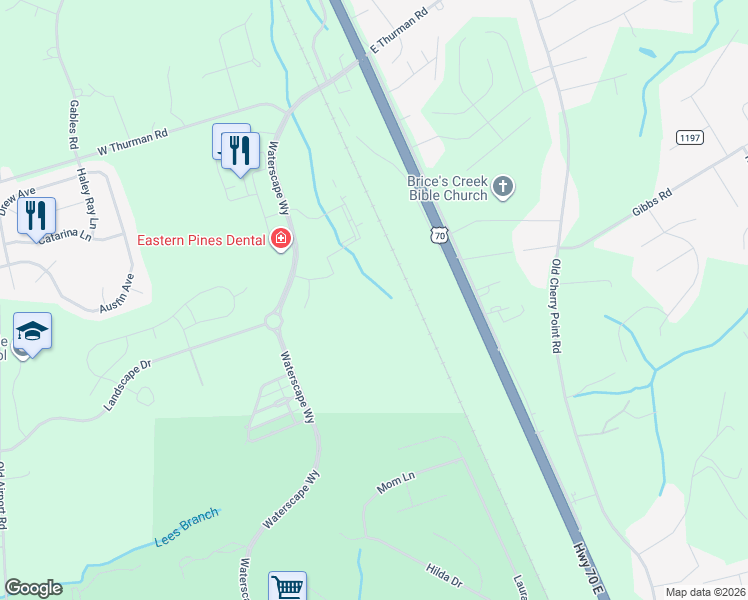 map of restaurants, bars, coffee shops, grocery stores, and more near 515 West Thurman Road in New Bern