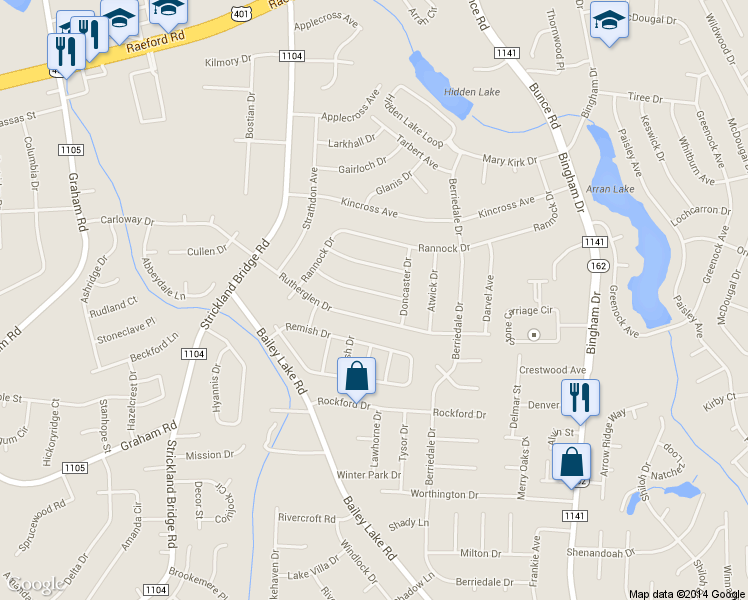 map of restaurants, bars, coffee shops, grocery stores, and more near 6407 Barwick Drive in Fayetteville
