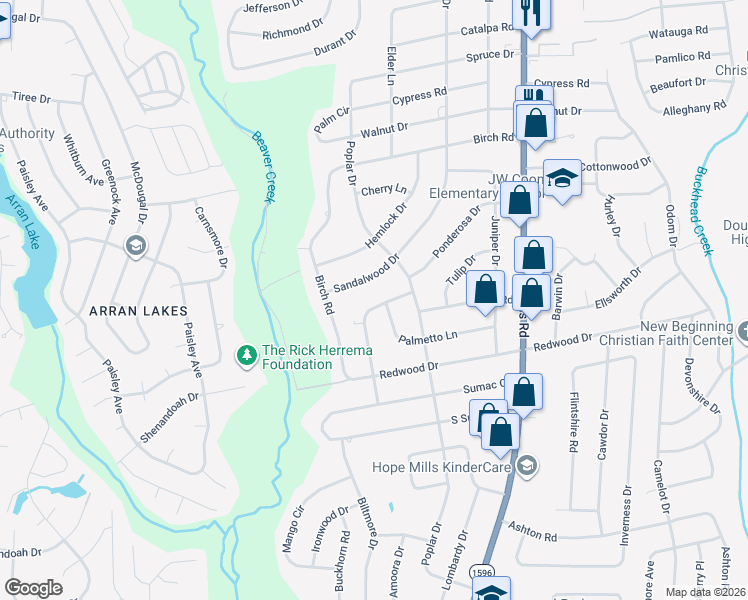 map of restaurants, bars, coffee shops, grocery stores, and more near 5302 Bayleaf Drive in Fayetteville