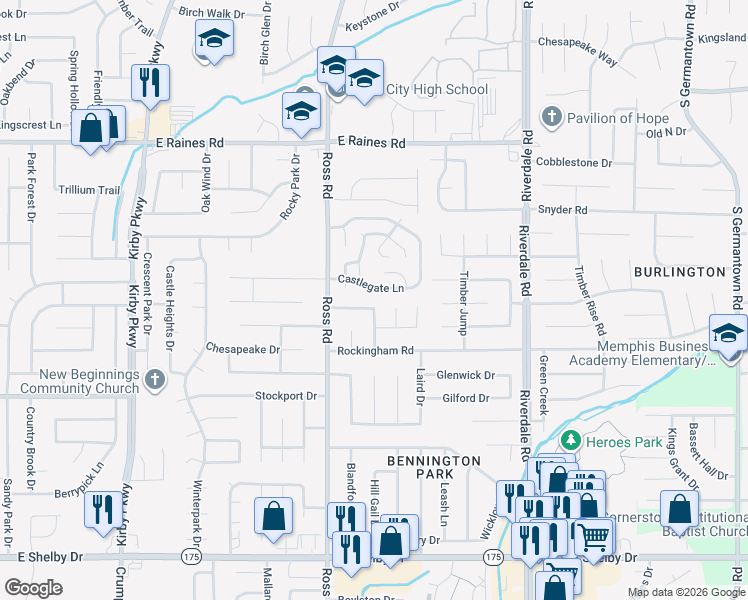 map of restaurants, bars, coffee shops, grocery stores, and more near 6758 Valley Bend Drive in Memphis