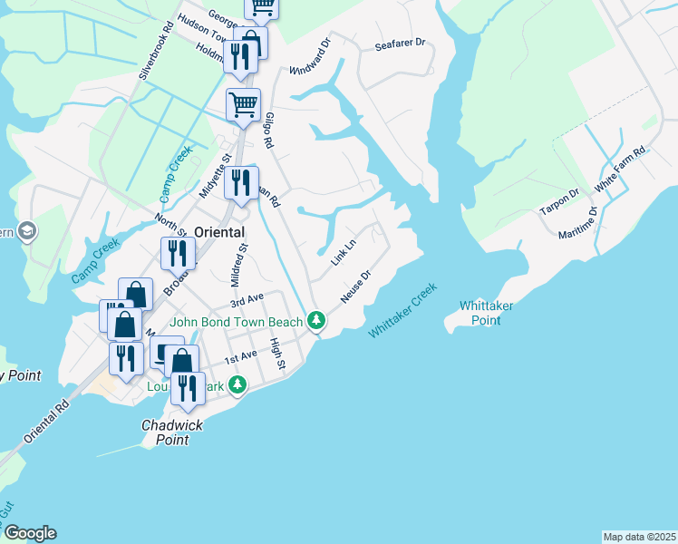 map of restaurants, bars, coffee shops, grocery stores, and more near 1108 Link Lane in Oriental