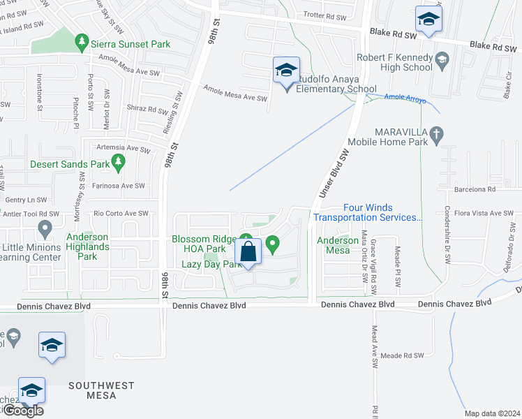 map of restaurants, bars, coffee shops, grocery stores, and more near 9023 Hidden Spring Avenue Southwest in Albuquerque