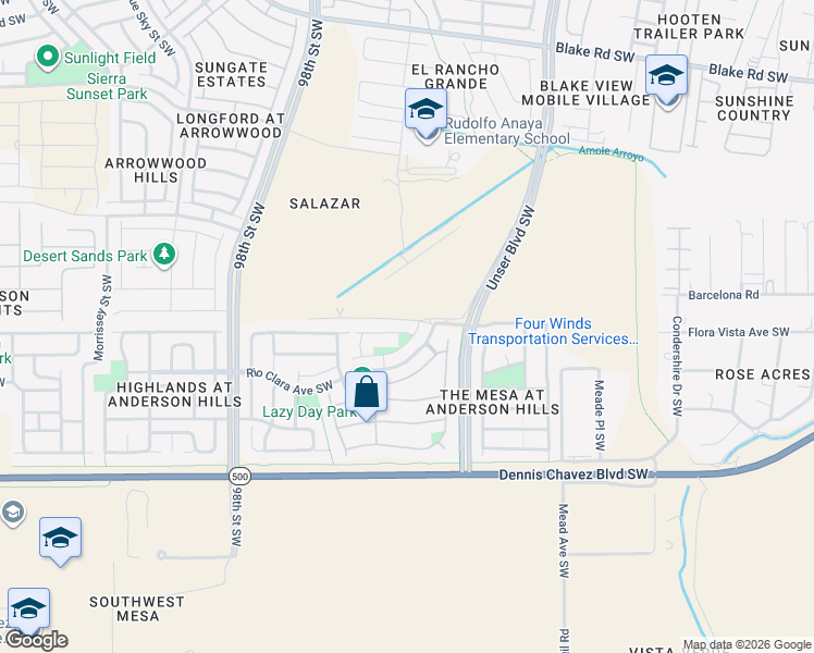 map of restaurants, bars, coffee shops, grocery stores, and more near 9019 Hidden Spring Avenue Southwest in Albuquerque