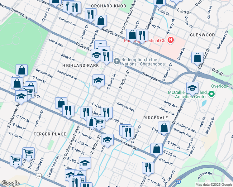 map of restaurants, bars, coffee shops, grocery stores, and more near 907 South Willow Street in Chattanooga