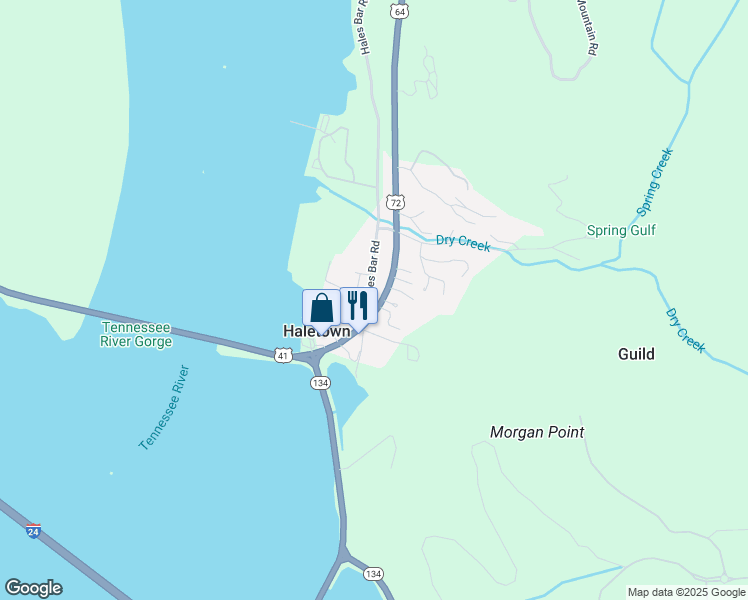 map of restaurants, bars, coffee shops, grocery stores, and more near 166 Hales Bar Road in Guild