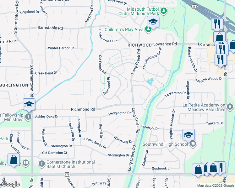 map of restaurants, bars, coffee shops, grocery stores, and more near 4354 Old Forest Road in Memphis