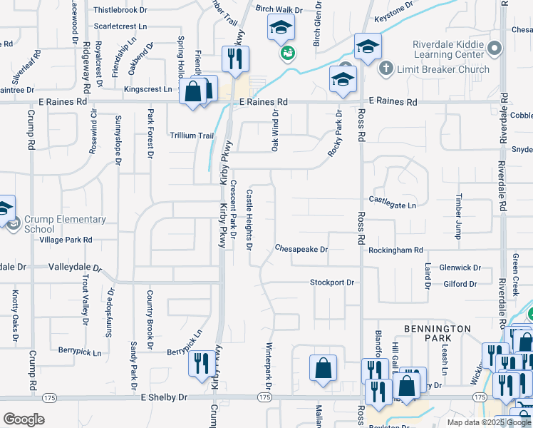 map of restaurants, bars, coffee shops, grocery stores, and more near 6530 Castle Oak Cove in Memphis