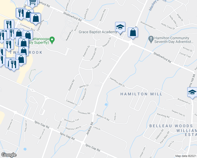 map of restaurants, bars, coffee shops, grocery stores, and more near 7815 Avalon Acres Court in Chattanooga