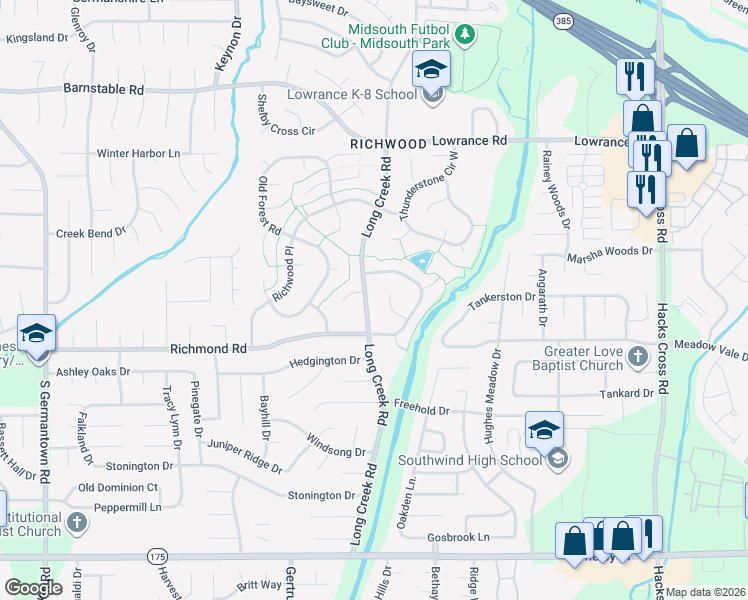 map of restaurants, bars, coffee shops, grocery stores, and more near 4364 Long Creek Road in Memphis