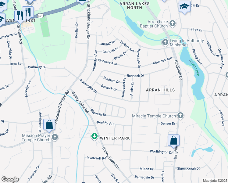 map of restaurants, bars, coffee shops, grocery stores, and more near 6407 Barwick Drive in Fayetteville