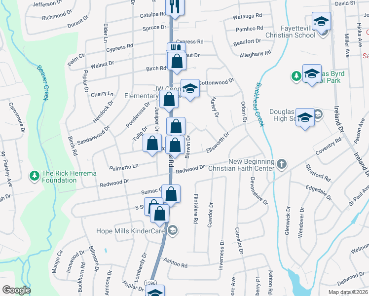 map of restaurants, bars, coffee shops, grocery stores, and more near 1114 Barwin Drive in Fayetteville