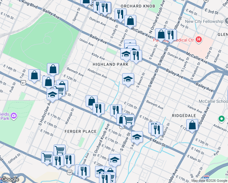 map of restaurants, bars, coffee shops, grocery stores, and more near 1802 Bennett Avenue in Chattanooga