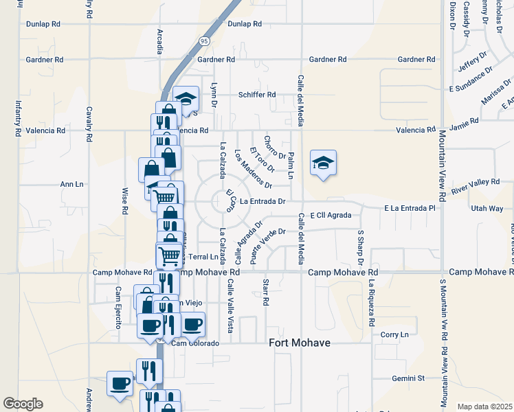 map of restaurants, bars, coffee shops, grocery stores, and more near 1663 Gran Circulo in Fort Mohave
