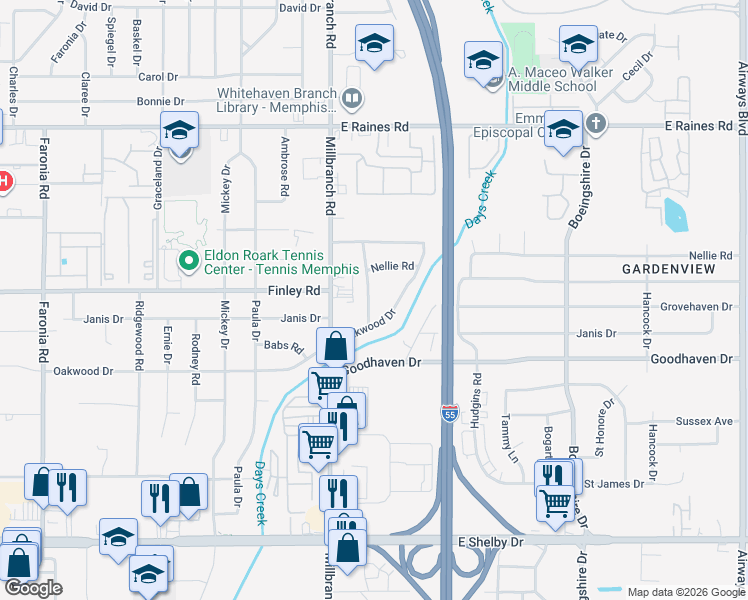 map of restaurants, bars, coffee shops, grocery stores, and more near 4367 Gardenview Drive in Memphis