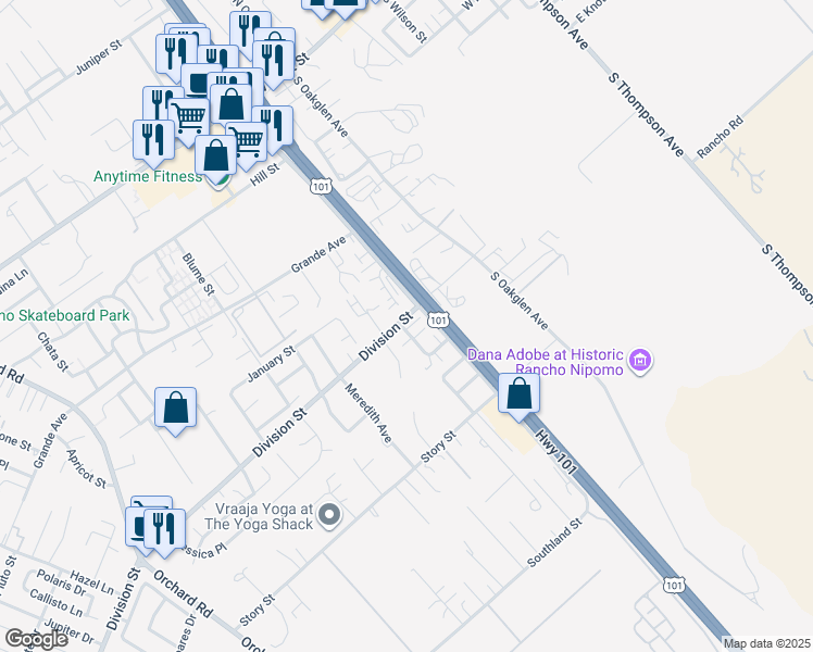map of restaurants, bars, coffee shops, grocery stores, and more near 505 Adina Way in Nipomo