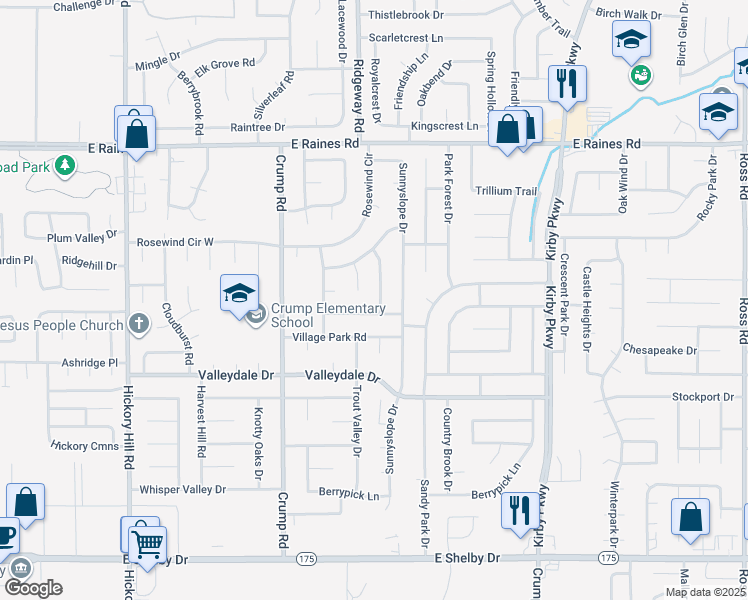 map of restaurants, bars, coffee shops, grocery stores, and more near 4361 Deergrove Road in Memphis