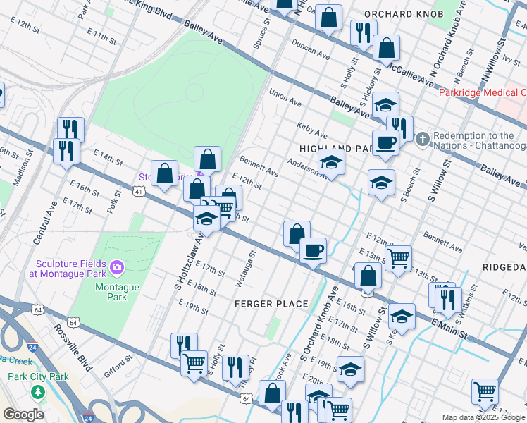map of restaurants, bars, coffee shops, grocery stores, and more near 1500 East 13th Street in Chattanooga