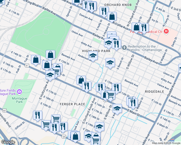map of restaurants, bars, coffee shops, grocery stores, and more near 1705 East 12th Street in Chattanooga