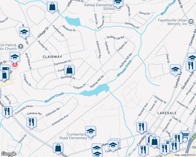 map of restaurants, bars, coffee shops, grocery stores, and more near 2406 Rolling Hill Road in Fayetteville