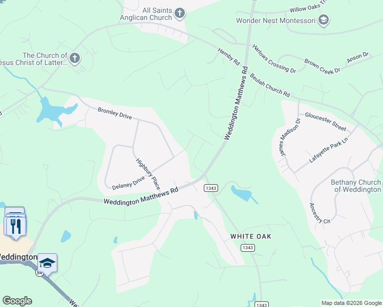 map of restaurants, bars, coffee shops, grocery stores, and more near 1404 Delaney Drive in Weddington