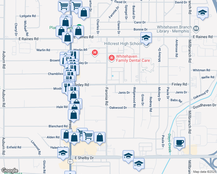 map of restaurants, bars, coffee shops, grocery stores, and more near 1331 Finley Road in Memphis