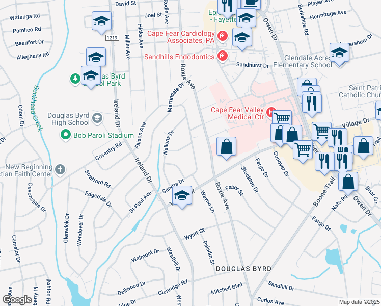 map of restaurants, bars, coffee shops, grocery stores, and more near 1710 Sandra Drive in Fayetteville