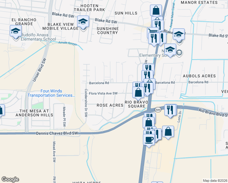 map of restaurants, bars, coffee shops, grocery stores, and more near 3901 Flora Vista Avenue Southwest in Albuquerque