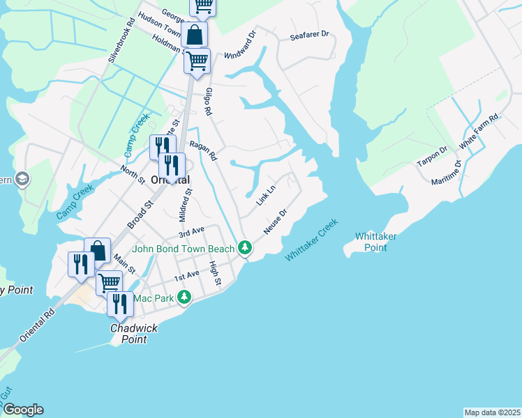 map of restaurants, bars, coffee shops, grocery stores, and more near 1108 Link Lane in Oriental