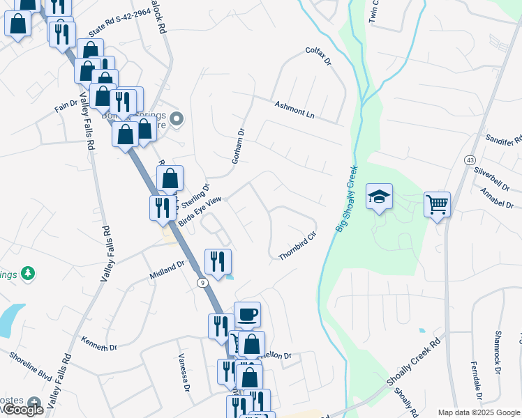 map of restaurants, bars, coffee shops, grocery stores, and more near 644 Thornbird Circle in Boiling Springs