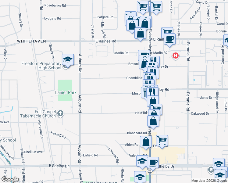 map of restaurants, bars, coffee shops, grocery stores, and more near 1010 Mosby Road in Memphis