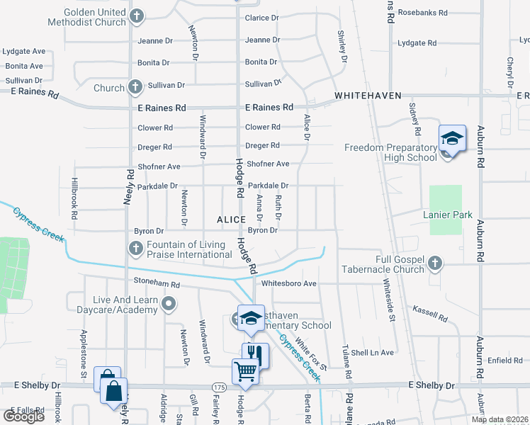 map of restaurants, bars, coffee shops, grocery stores, and more near 4366 Anna Drive in Memphis