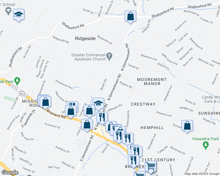 map of restaurants, bars, coffee shops, grocery stores, and more near 315 North Germantown Road in Chattanooga