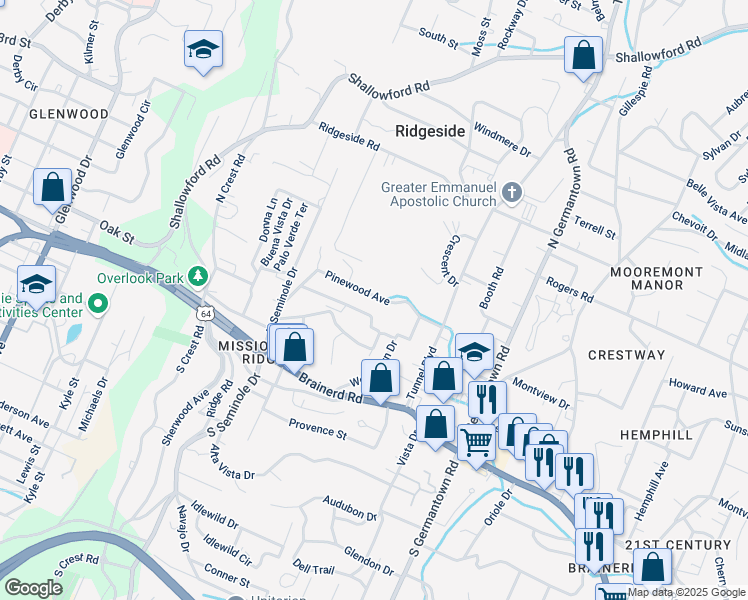 map of restaurants, bars, coffee shops, grocery stores, and more near 3341 Pinewood Avenue in Chattanooga