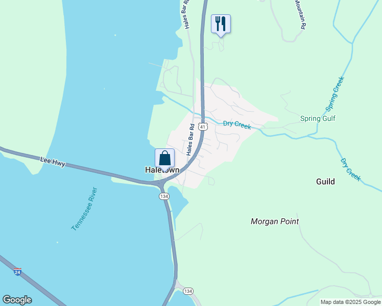 map of restaurants, bars, coffee shops, grocery stores, and more near 166 Hales Bar Road in Guild