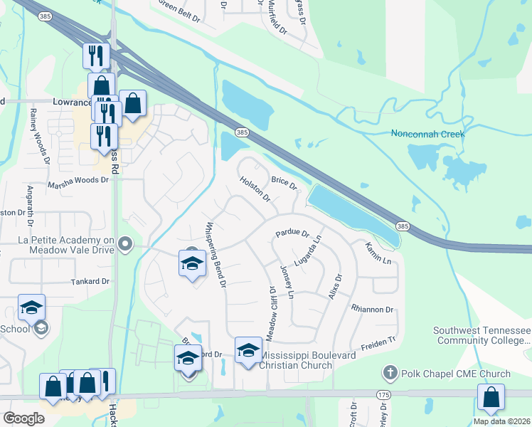 map of restaurants, bars, coffee shops, grocery stores, and more near 8300 Whispering View Drive in Memphis