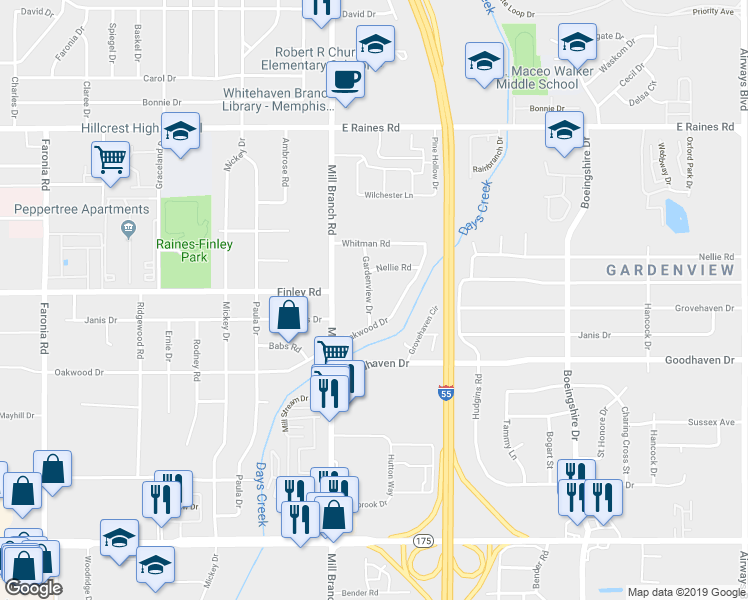 map of restaurants, bars, coffee shops, grocery stores, and more near 4367 Gardenview Drive in Memphis