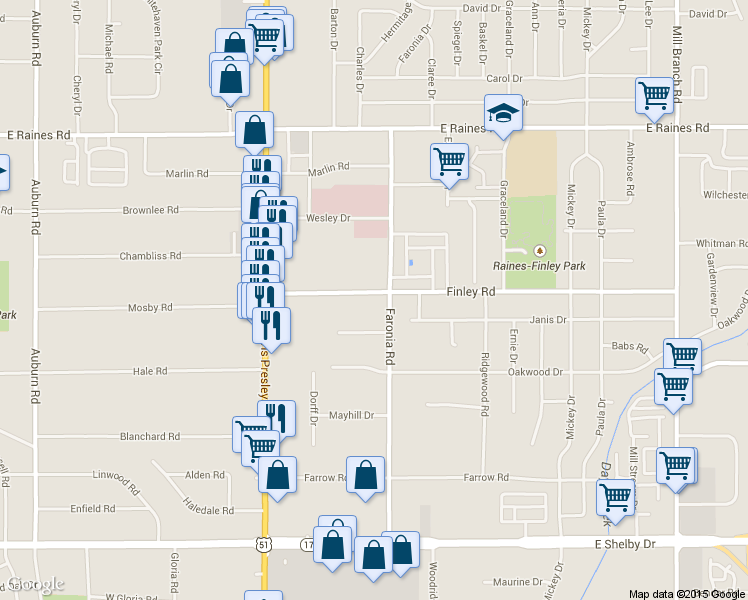 map of restaurants, bars, coffee shops, grocery stores, and more near 1301 Finley Road in Memphis