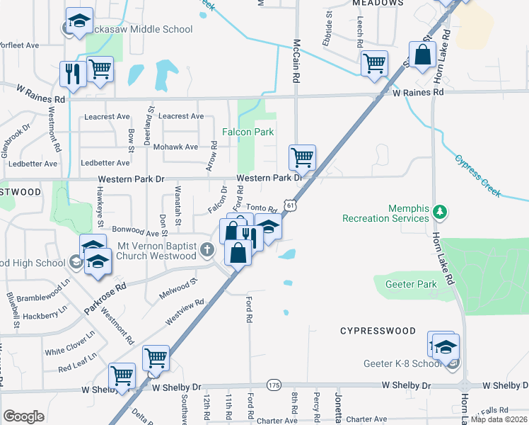 map of restaurants, bars, coffee shops, grocery stores, and more near 507 Tonto Drive in Memphis