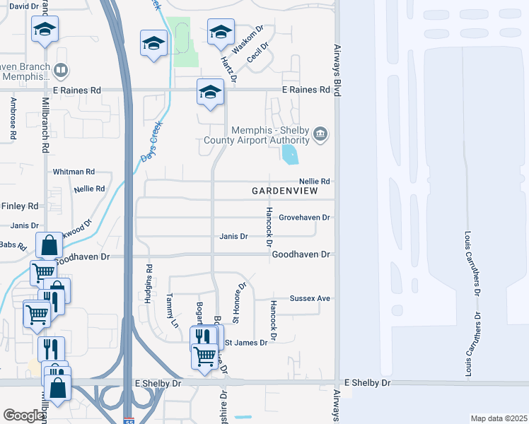 map of restaurants, bars, coffee shops, grocery stores, and more near 2088 Grovehaven Drive in Memphis
