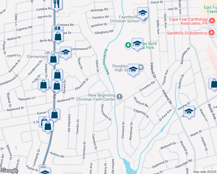 map of restaurants, bars, coffee shops, grocery stores, and more near 1133 Odom Drive in Fayetteville