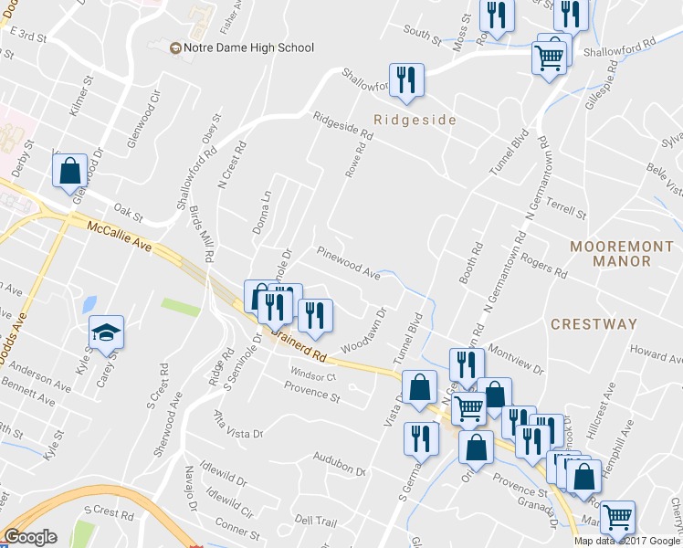 map of restaurants, bars, coffee shops, grocery stores, and more near 3315 Pinewood Terrace in Chattanooga