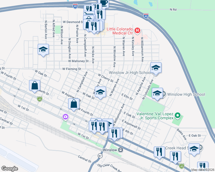 map of restaurants, bars, coffee shops, grocery stores, and more near 222 West Elm Street in Winslow