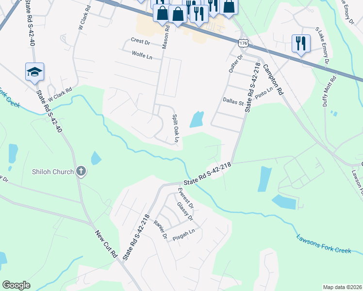 map of restaurants, bars, coffee shops, grocery stores, and more near 715 Sandy Creek Way in Inman