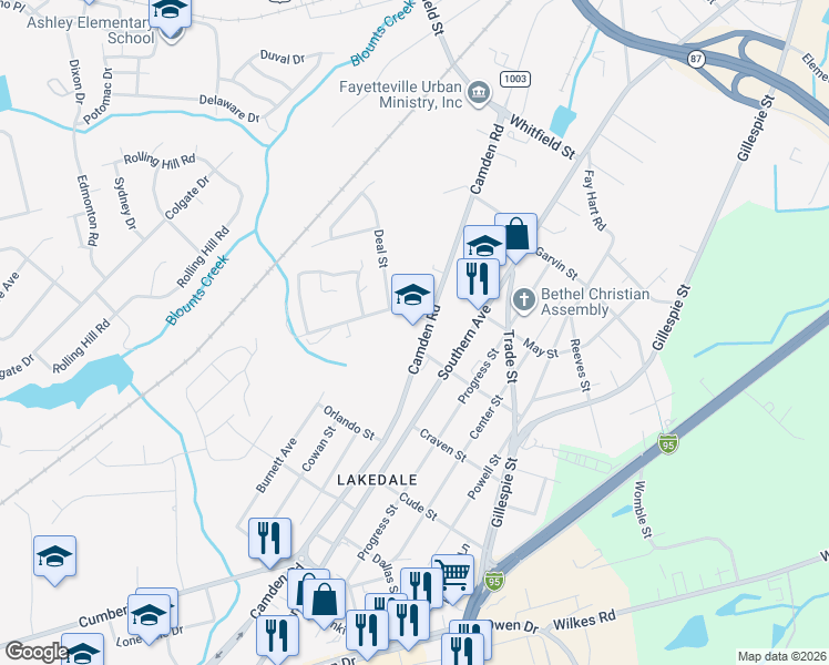 map of restaurants, bars, coffee shops, grocery stores, and more near 1503 State Road 1003 in Fayetteville